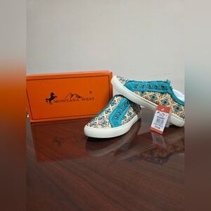 Montana West Teal and Cream Patterned Slip-On Sneakers for Women